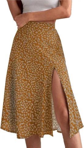 Womens Casual Midi Skirts Boho Floral Print Slit High Waisted A-Line Skirt Summer Sexy Split Beach Skirt