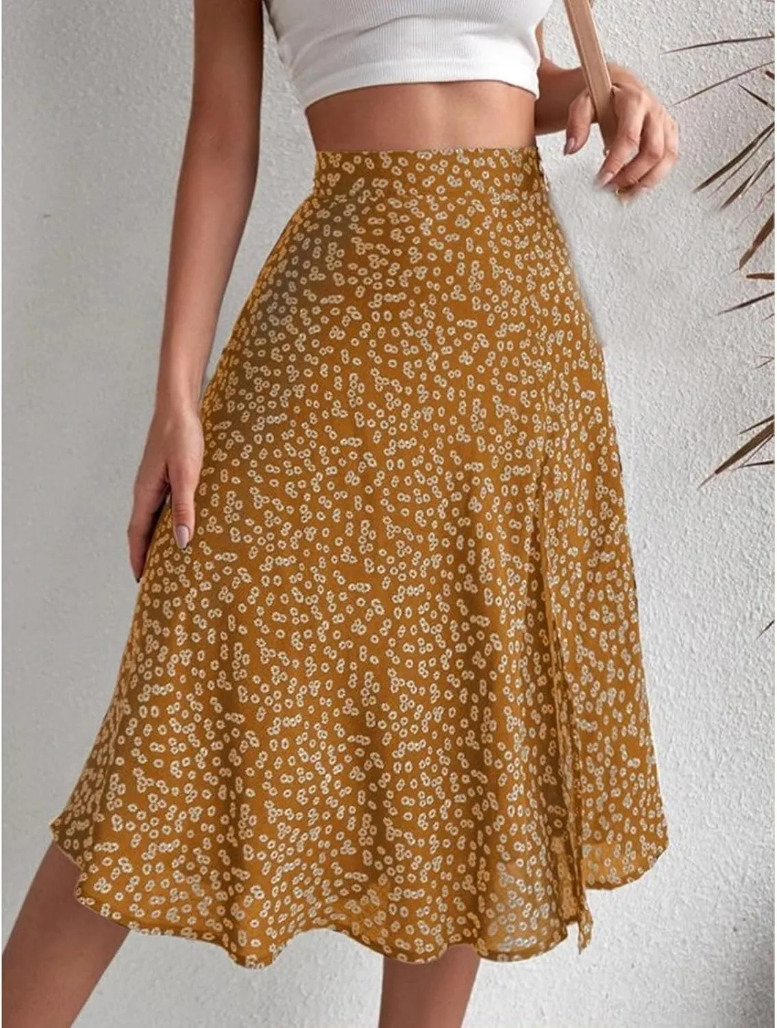 Womens Casual Midi Skirts Boho Floral Print Slit High Waisted A-Line Skirt Summer Sexy Split Beach Skirt