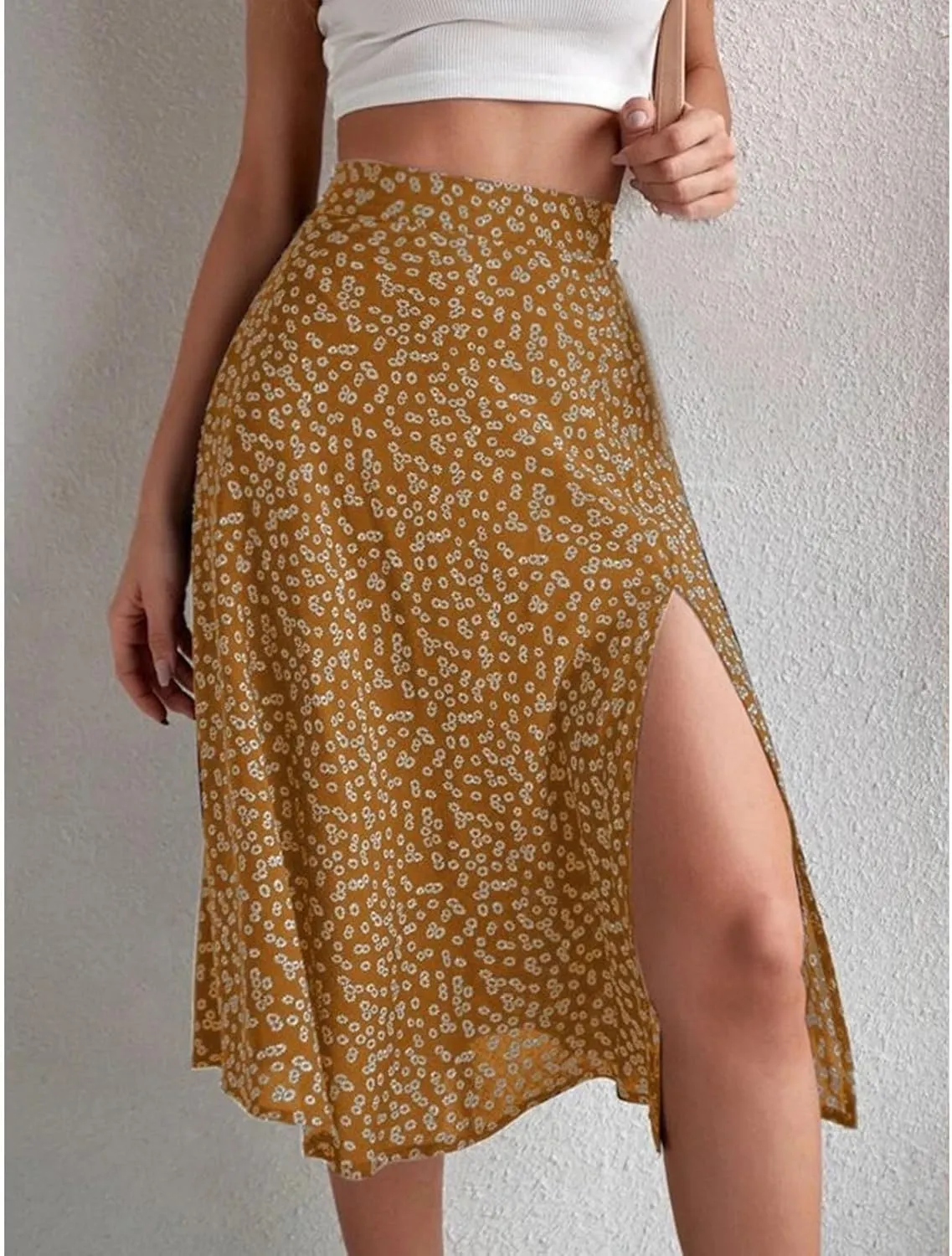 Womens Casual Midi Skirts Boho Floral Print Slit High Waisted A-Line Skirt Summer Sexy Split Beach Skirt