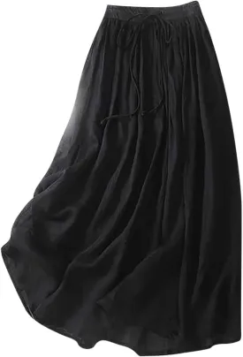 Women's Cotton Linen Skirts Casual Summer Tie Waist A-Line Long Flowy Skirt with Pockets Soft Lightweight Beach Skirt