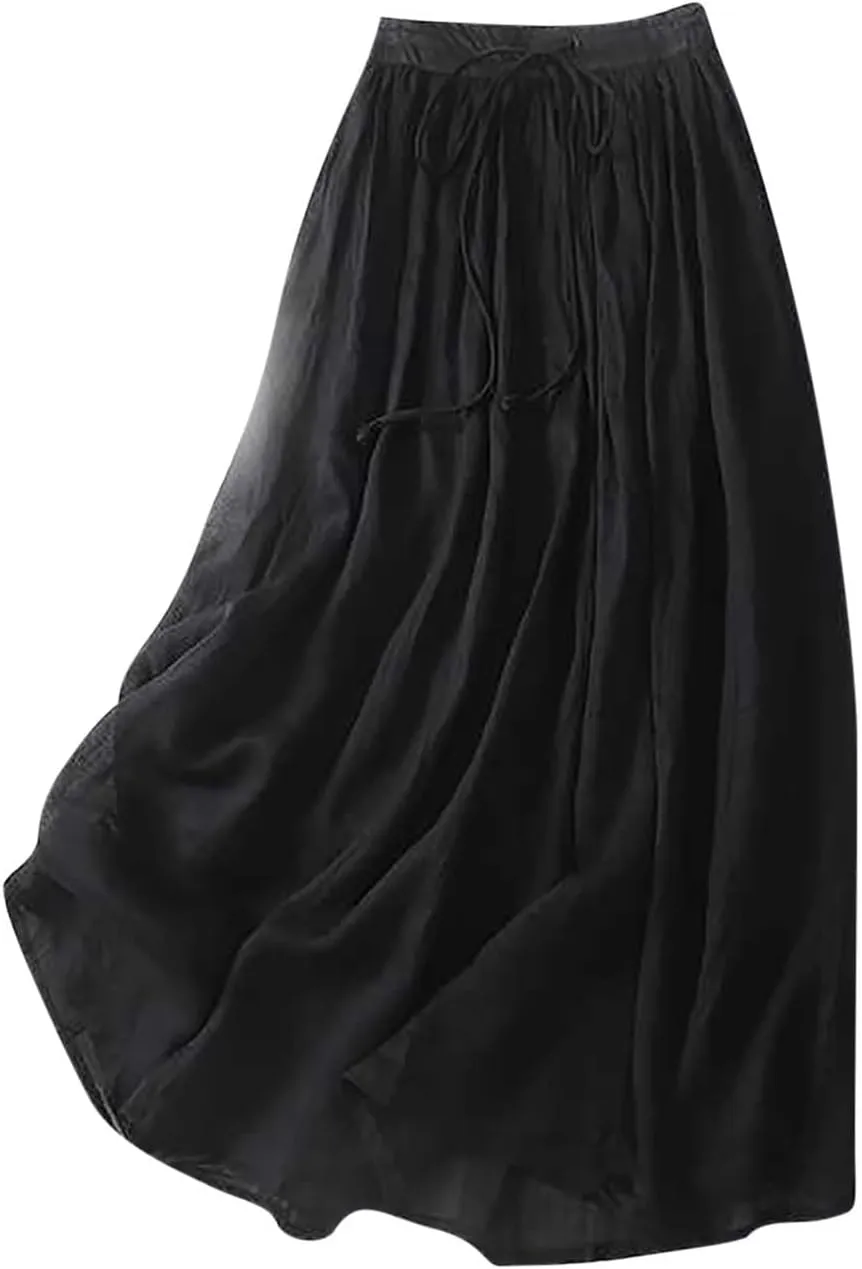 Women's Cotton Linen Skirts Casual Summer Tie Waist A-Line Long Flowy Skirt with Pockets Soft Lightweight Beach Skirt