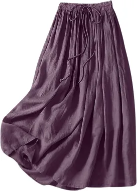 Women's Cotton Linen Skirts Casual Summer Tie Waist A-Line Long Flowy Skirt with Pockets Soft Lightweight Beach Skirt