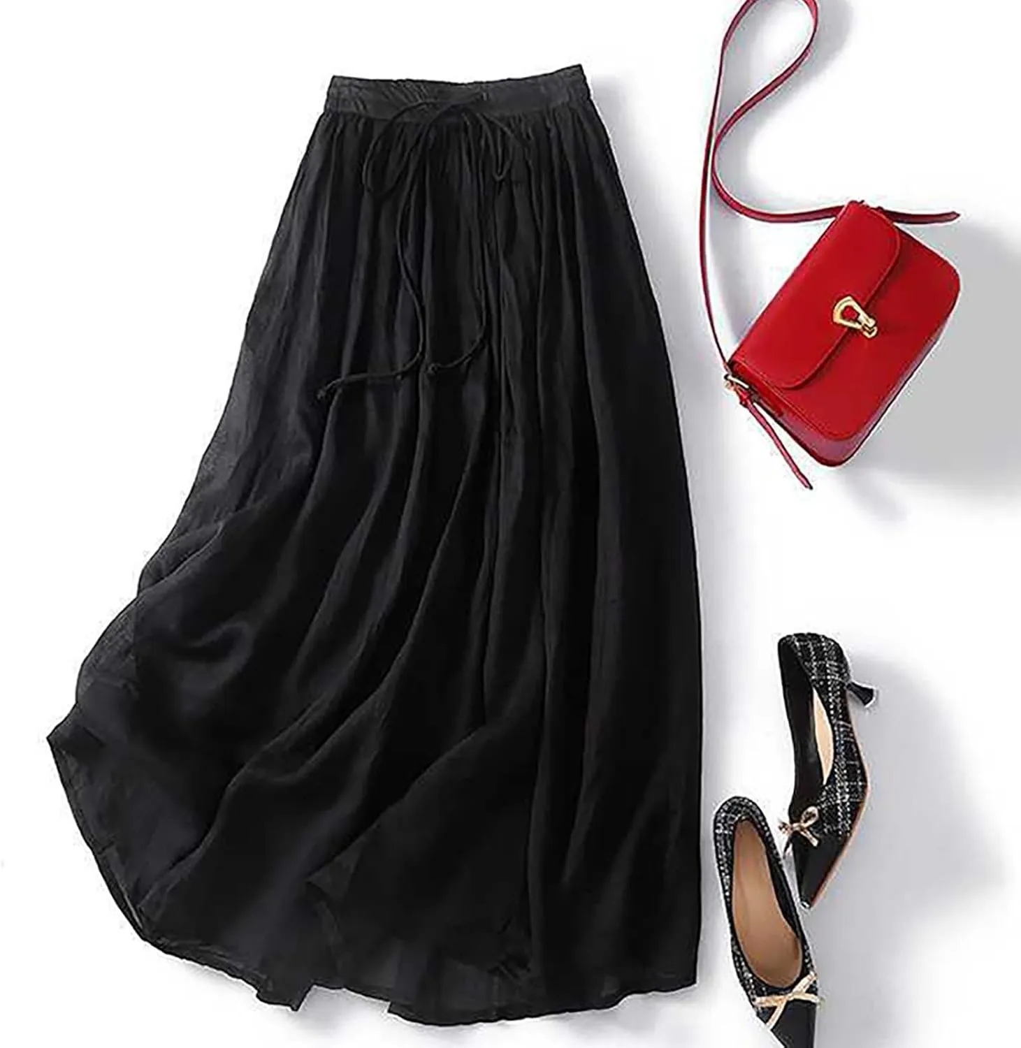 Women's Cotton Linen Skirts Casual Summer Tie Waist A-Line Long Flowy Skirt with Pockets Soft Lightweight Beach Skirt