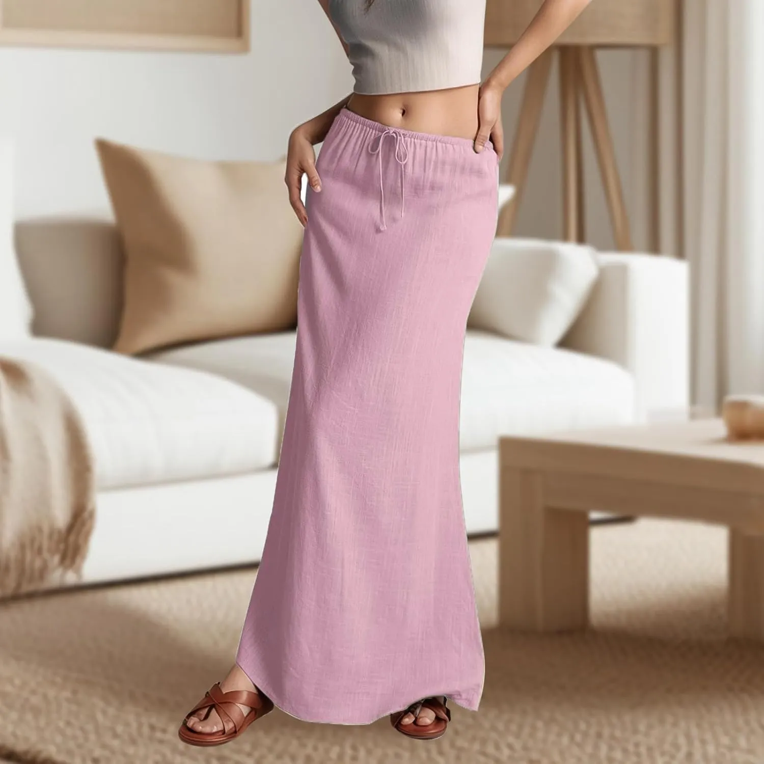 Womens Flared Maxi Skirt Summer Lightweight Drawstring High Waisted Skort Casual Breathable Solid Color A Line Skirt