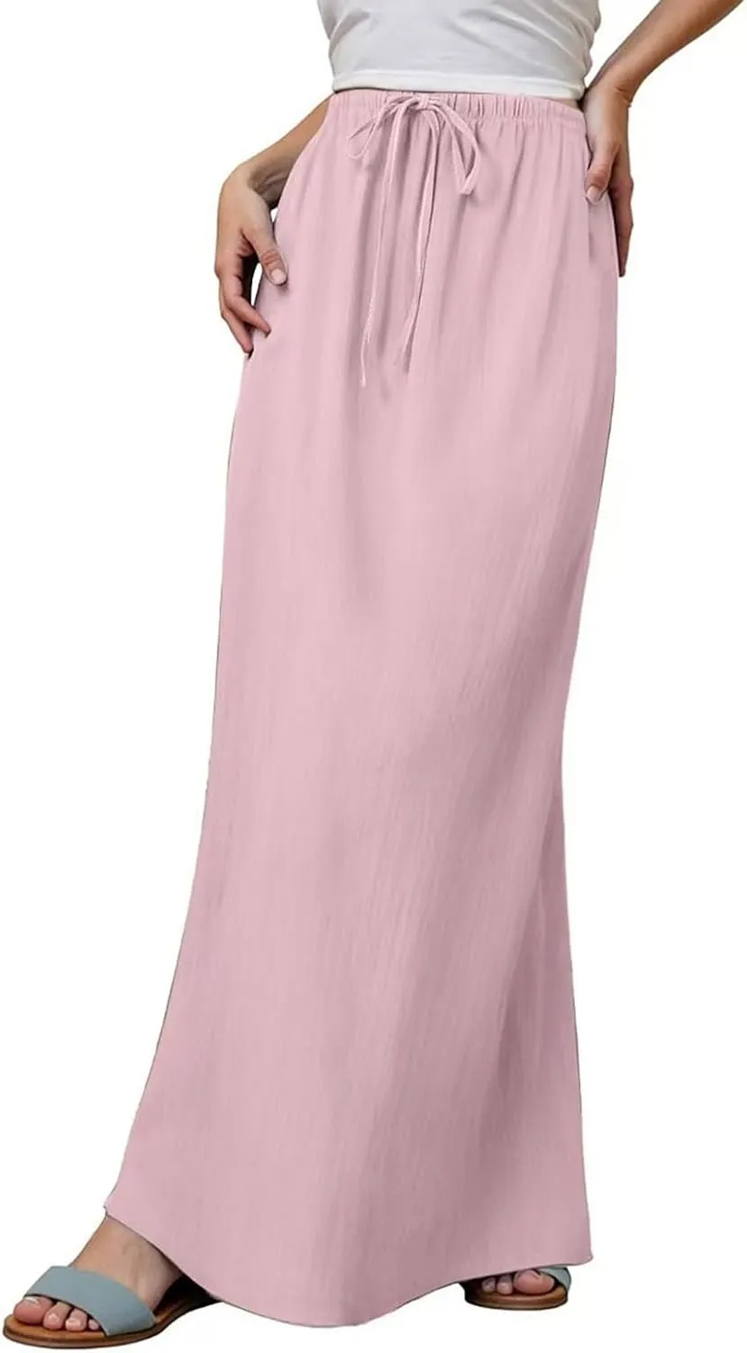 Womens Flared Maxi Skirt Summer Lightweight Drawstring High Waisted Skort Casual Breathable Solid Color A Line Skirt