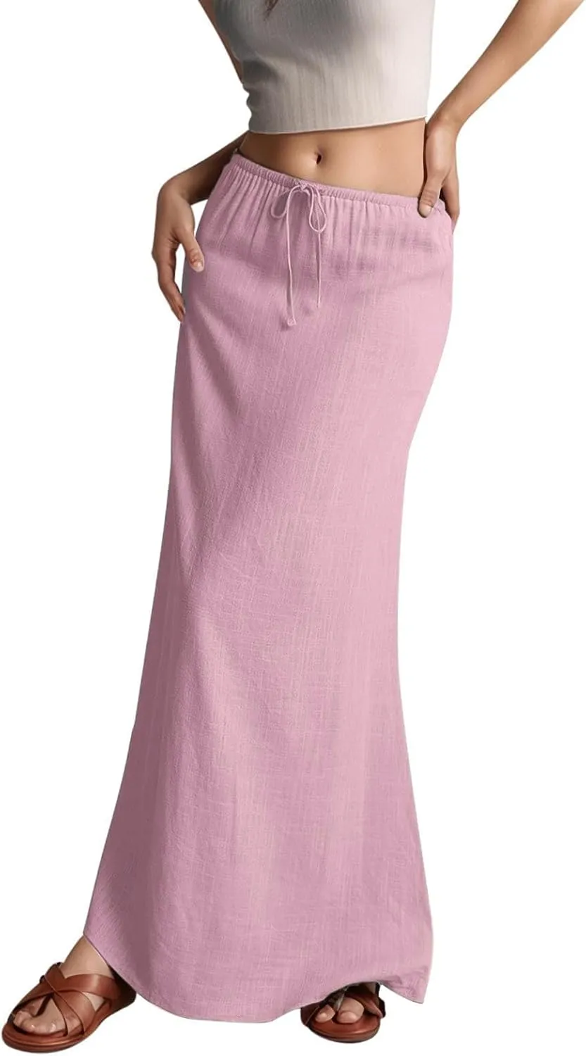 Womens Flared Maxi Skirt Summer Lightweight Drawstring High Waisted Skort Casual Breathable Solid Color A Line Skirt