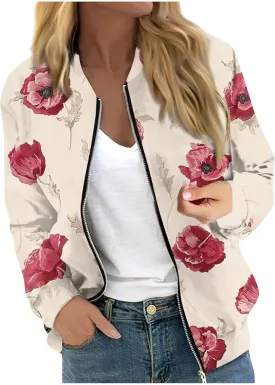 Women's Plaid Zip Up Long Sleeve Bomber Jacket Lightweight Outerwear with Pockets Short Winter Windbreaker Coat
