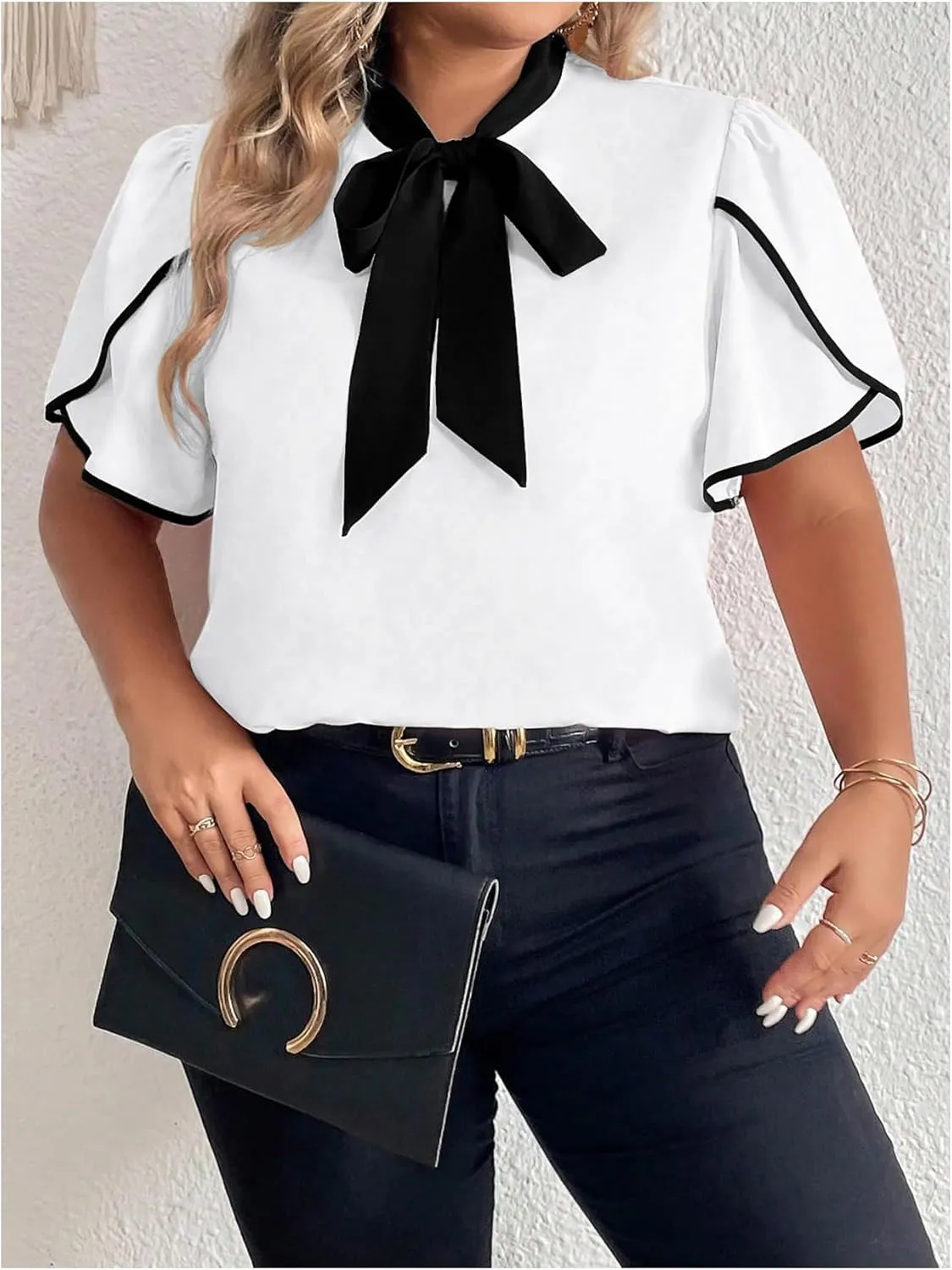 Women's Plus Size Work Office Blouse Bow Tie Neck Petal Sleeve Business Casual Blouse Shirts Top