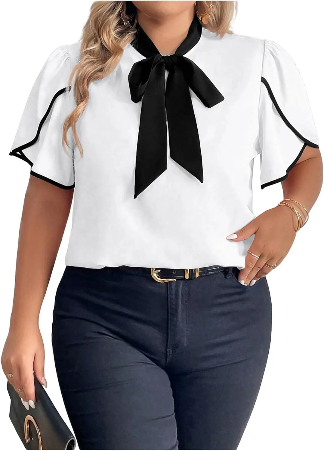 Women's Plus Size Work Office Blouse Bow Tie Neck Petal Sleeve Business Casual Blouse Shirts Top