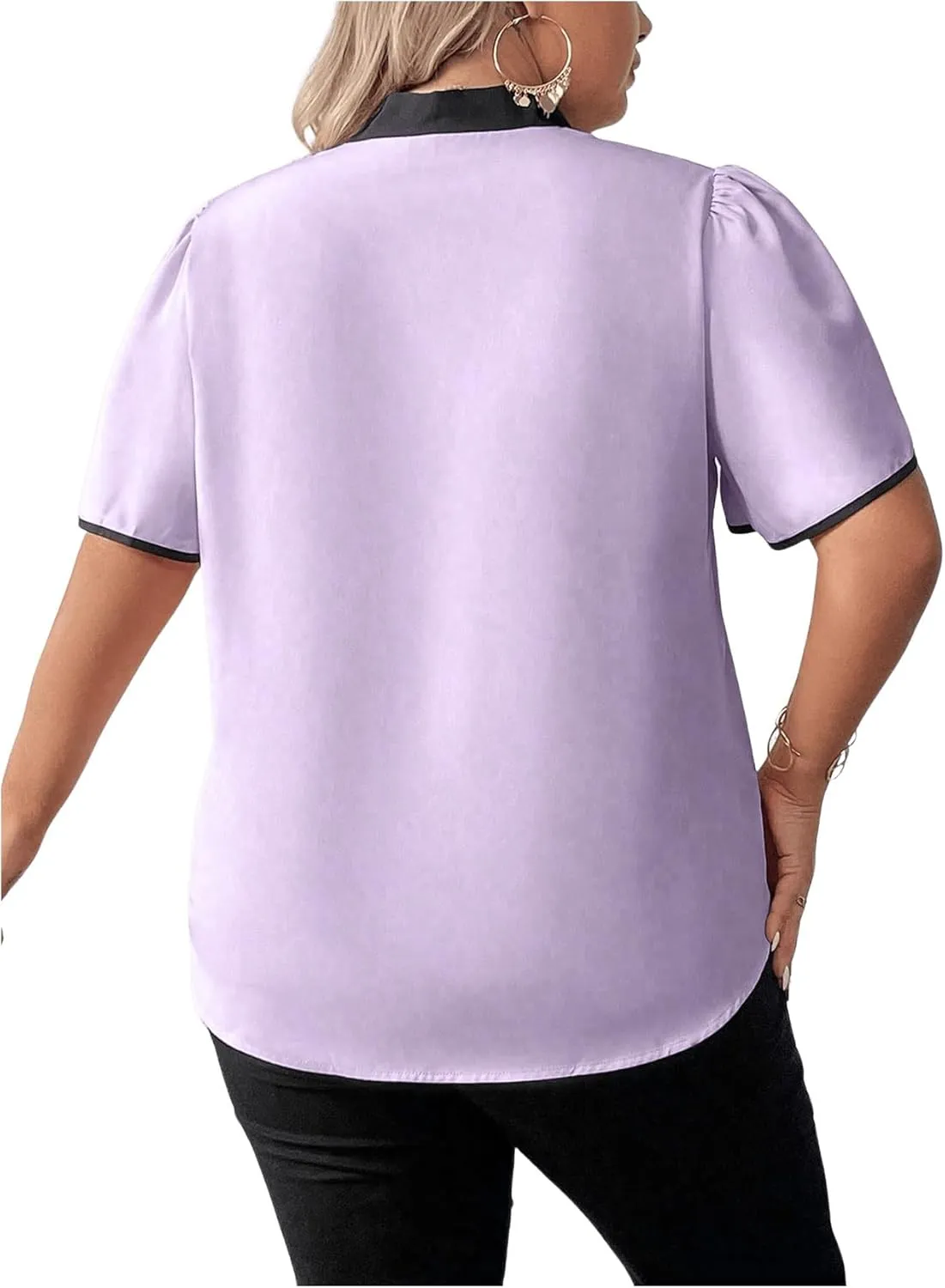 Women's Plus Size Work Office Blouse Bow Tie Neck Petal Sleeve Business Casual Blouse Shirts Top