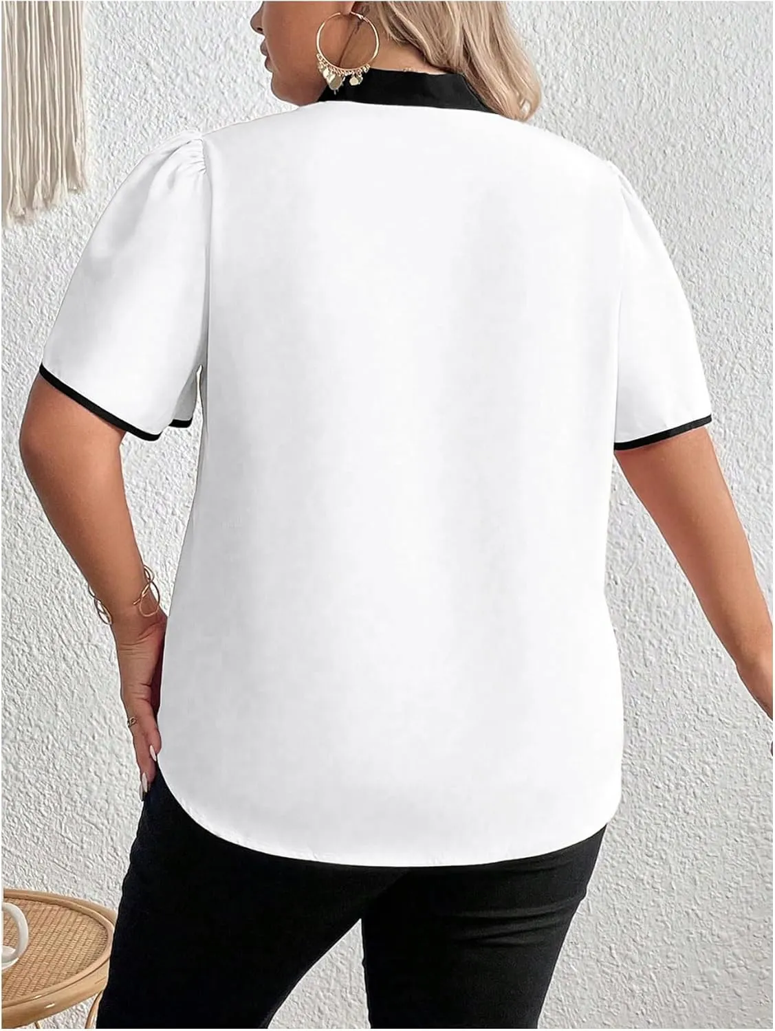 Women's Plus Size Work Office Blouse Bow Tie Neck Petal Sleeve Business Casual Blouse Shirts Top