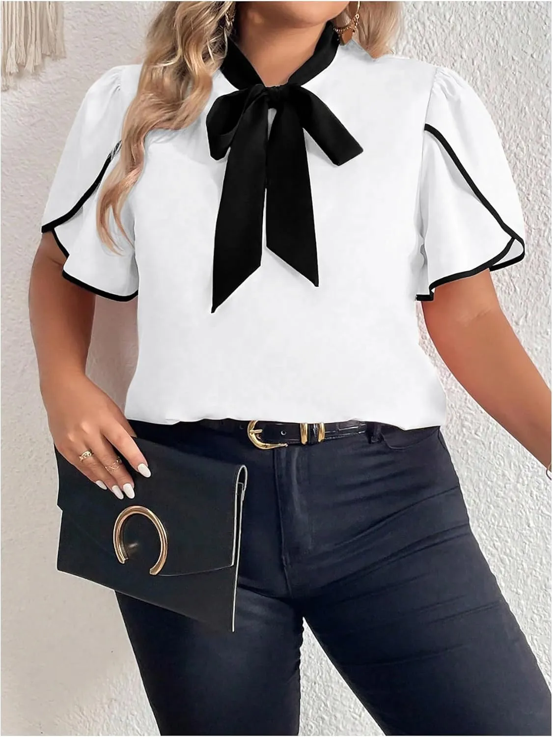 Women's Plus Size Work Office Blouse Bow Tie Neck Petal Sleeve Business Casual Blouse Shirts Top