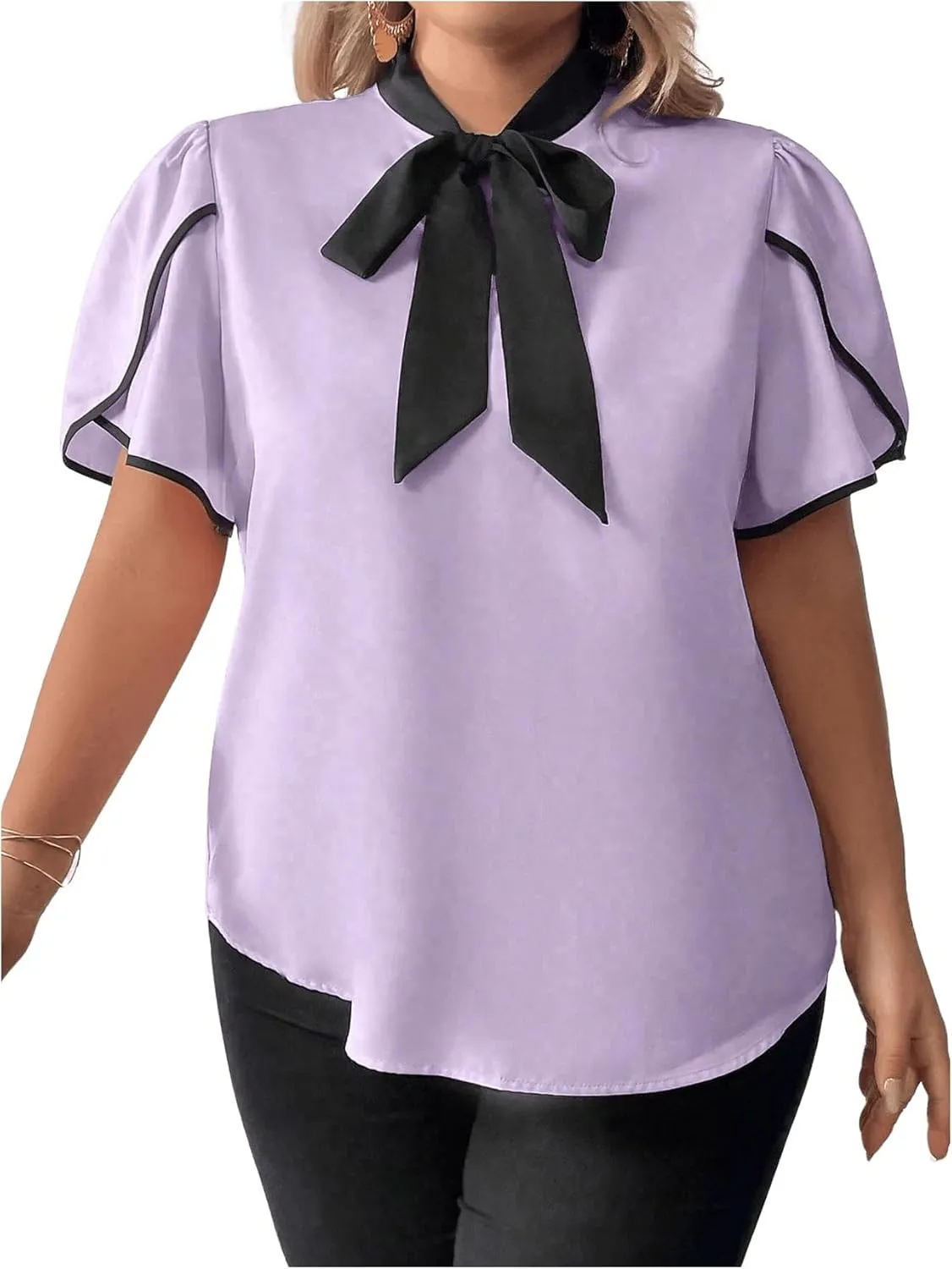 Women's Plus Size Work Office Blouse Bow Tie Neck Petal Sleeve Business Casual Blouse Shirts Top