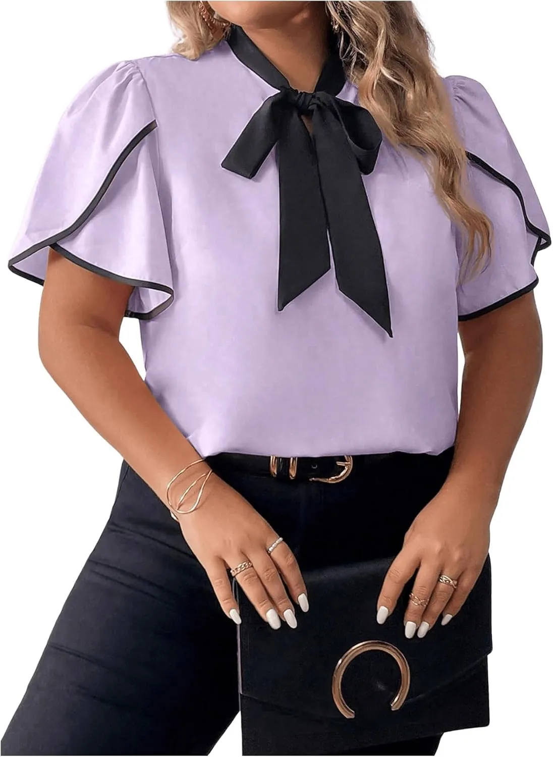 Women's Plus Size Work Office Blouse Bow Tie Neck Petal Sleeve Business Casual Blouse Shirts Top