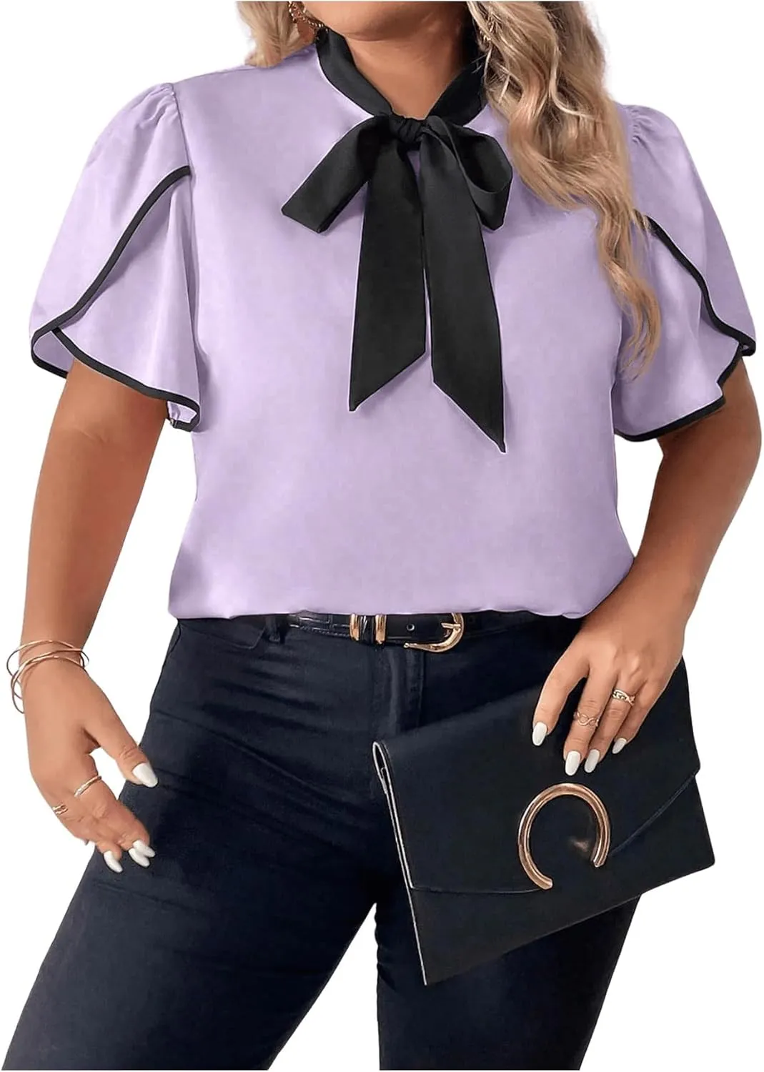 Women's Plus Size Work Office Blouse Bow Tie Neck Petal Sleeve Business Casual Blouse Shirts Top