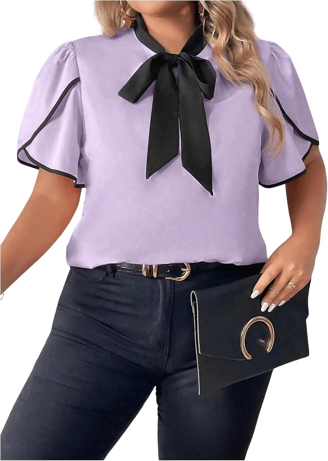 Women's Plus Size Work Office Blouse Bow Tie Neck Petal Sleeve Business Casual Blouse Shirts Top