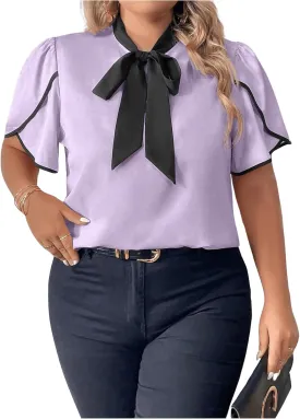 Women's Plus Size Work Office Blouse Bow Tie Neck Petal Sleeve Business Casual Blouse Shirts Top