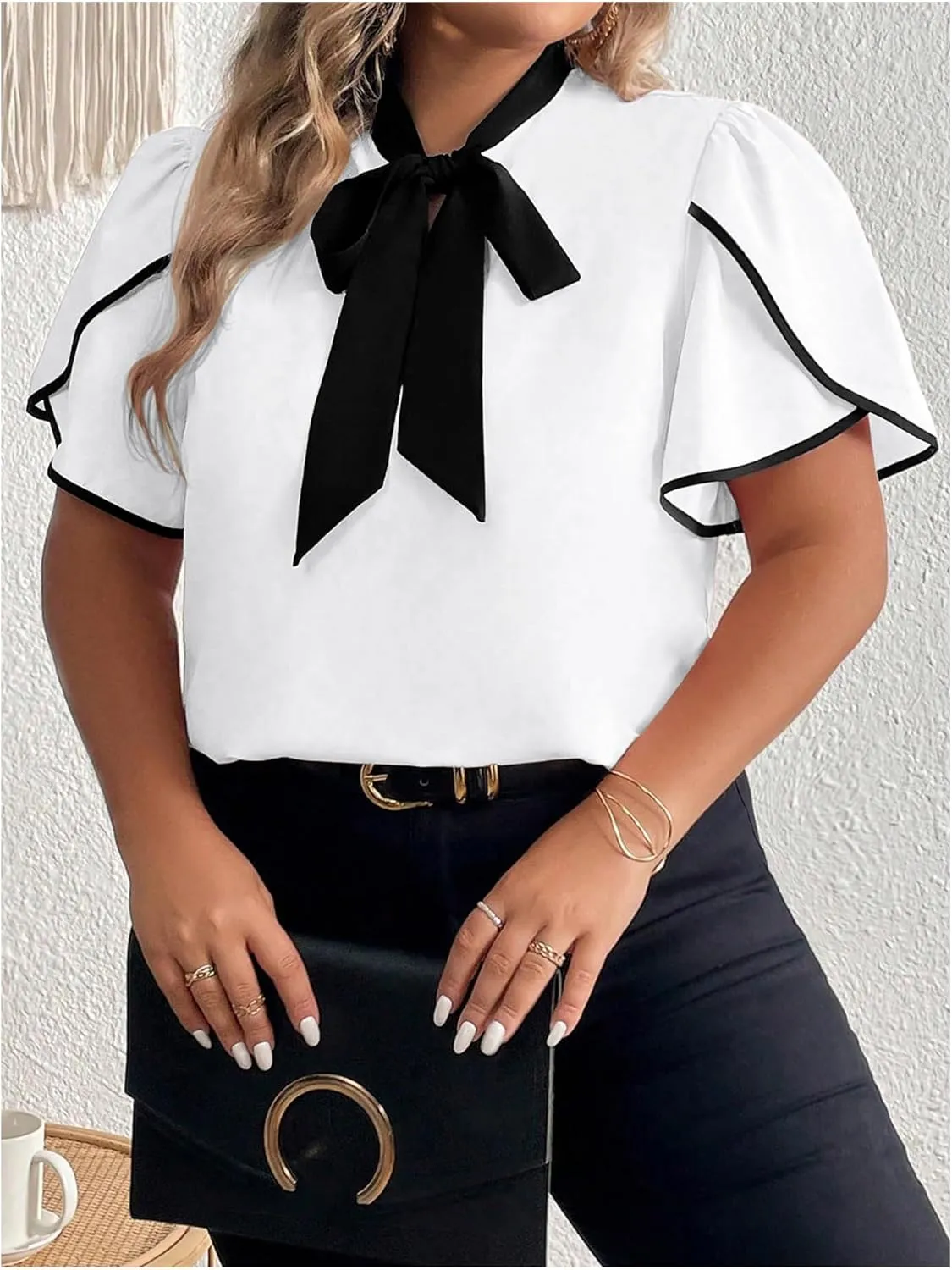 Women's Plus Size Work Office Blouse Bow Tie Neck Petal Sleeve Business Casual Blouse Shirts Top