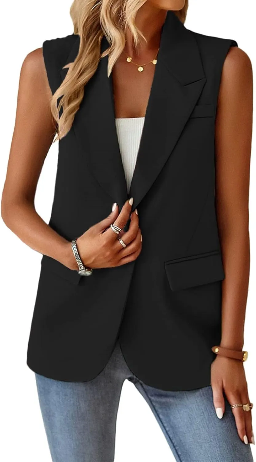 Women's Sleeveless Cardigans Vest Open Front Blazer Jackets Dressy Casual Duster Trench Vests Lapel Office Blazers