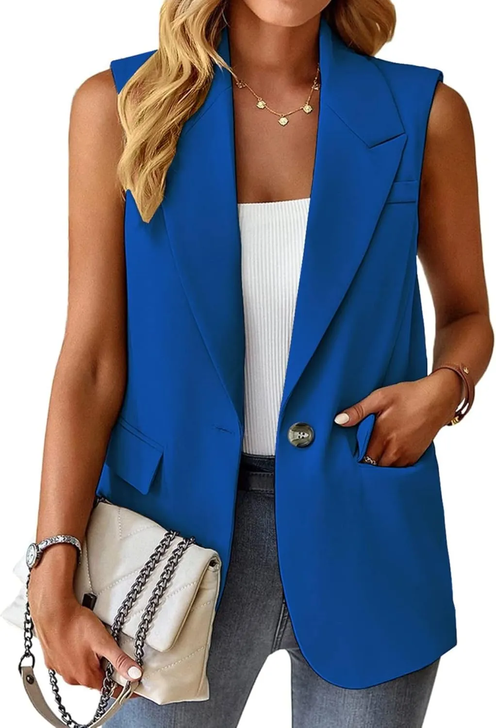 Women's Sleeveless Cardigans Vest Open Front Blazer Jackets Dressy Casual Duster Trench Vests Lapel Office Blazers