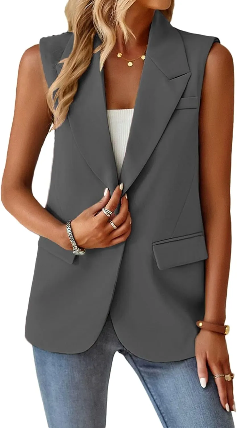 Women's Sleeveless Cardigans Vest Open Front Blazer Jackets Dressy Casual Duster Trench Vests Lapel Office Blazers