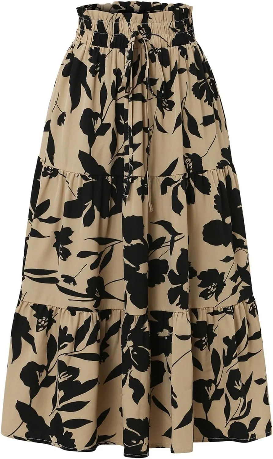 Womens Summer Casual A-Line Long Skirt Tiered High Waist Beach Outfits Elastic Waist Bohemian Print Maxi Skirt