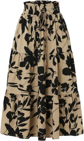 Womens Summer Casual A-Line Long Skirt Tiered High Waist Beach Outfits Elastic Waist Bohemian Print Maxi Skirt