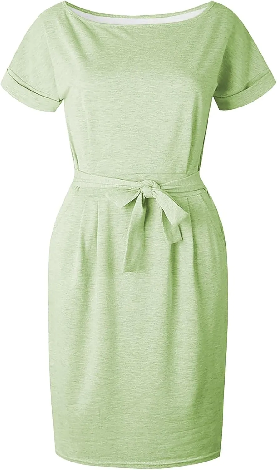Womens Summer T Shirt Dress Casual Crew Neck Short Sleeve Tie Waist Midi Dresses Ruched Bodycon Beach Dress with Pockets
