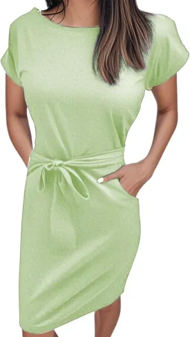 Womens Summer T Shirt Dress Casual Crew Neck Short Sleeve Tie Waist Midi Dresses Ruched Bodycon Beach Dress with Pockets