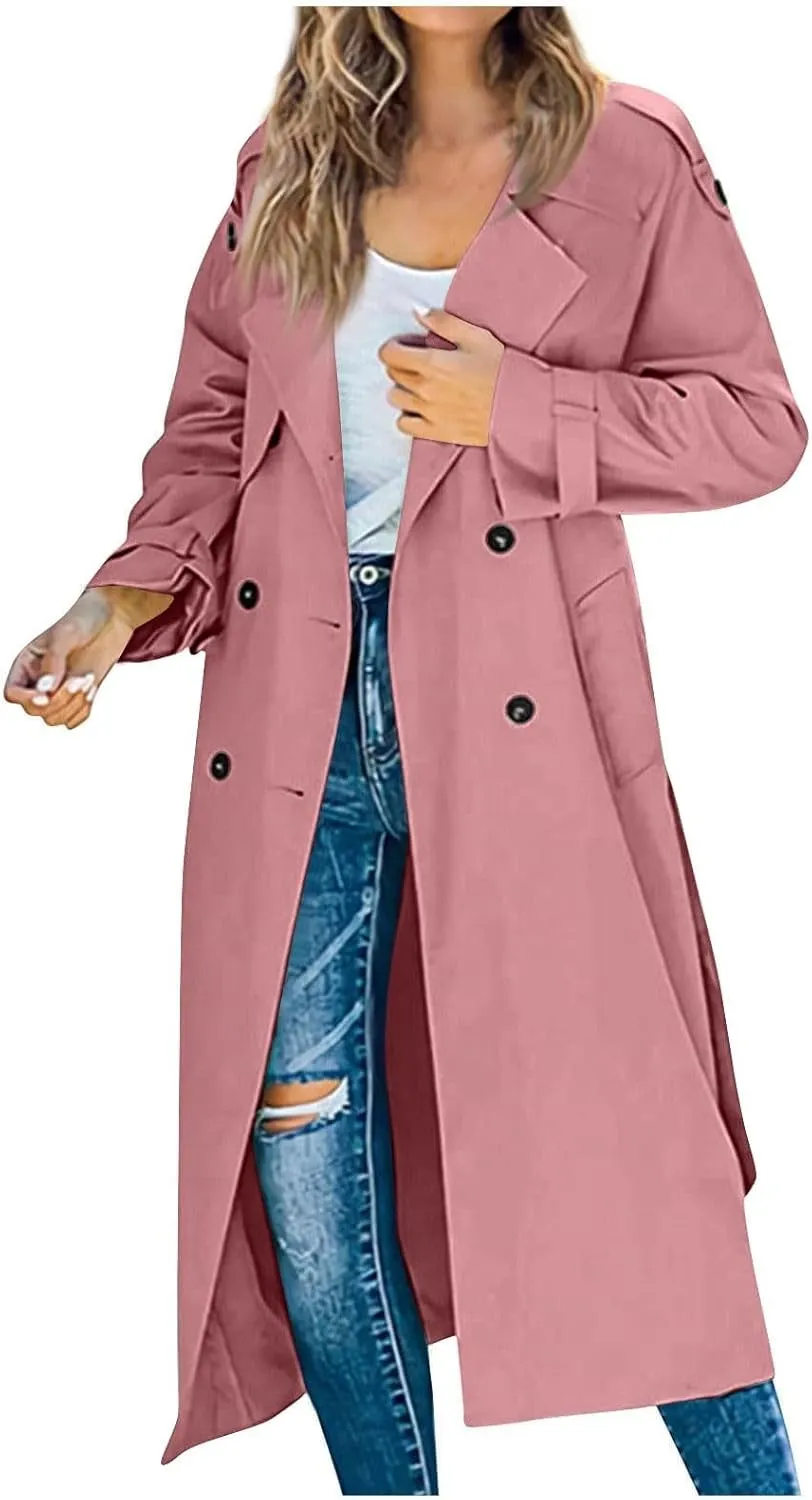 Women's Trench Coat Double Breasted Long Trench Coats 2025 Fall Fashion Windproof Classic Lapel Overcoat with Belt