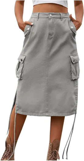 Women's Vintage 90s Midi Denim Skirt Drawstring Stretchy Zipper Pocket Drawstring Jean Skirt Pencil Long Cargo Skirt